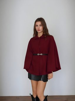 Bordo Pelerin Kemerli Kaşe Panço