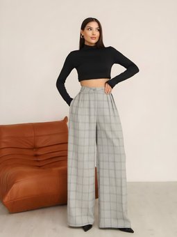 Gri Ekoseli Yüksek Bel Palazzo Pantolon