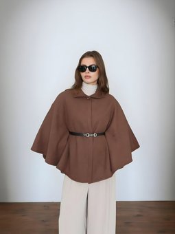 Kahverengi Kemerli Kaşe Kumaş Pelerin Panço