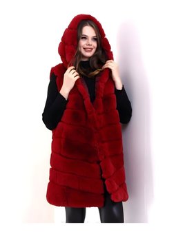 Kırmızı Uzun Kapüşonlu Tam Astarlı Peluş Kürk Premium Yelek