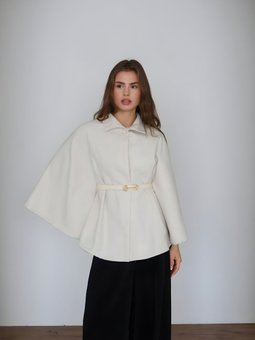 Krem Pelerin Kemerli Kaşe Kumaş Panço