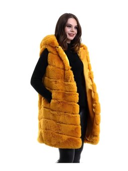Sarı Uzun Kapüşonlu Peluş Kürk Yelek