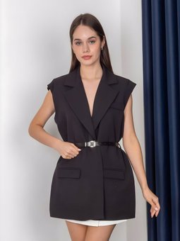 Siyah Blazer Kemerli Şal Yaka Yelek