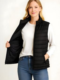 Siyah Şişme Su İtici Kapitone Astarlı Fermuarlı Kumaş Cepli Yelek