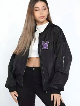 Siyah Wild One Baskılı Bomber Ceket