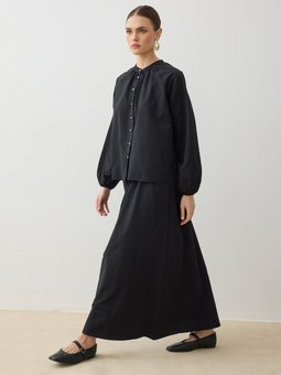 Bağcıklı Bel Detaylı Etekli Siyah Takım