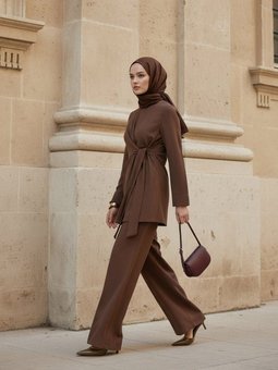 Bağlama Detaylı Tunik & Pantolon Kahverengi Takım