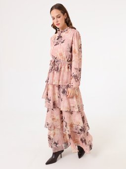 Balon Kollu Katlı Şifon Pudra Çiçek Desenli Elbise