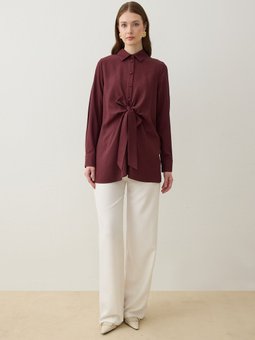 Belden Bağlamalı Düğmeli Bordo Tunik