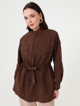 Belden Büzgülü Fermuarlı Kahverengi Tunik
