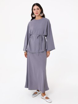 Beli Bağlama Detaylı Tunik Etek İkili Gri Takım