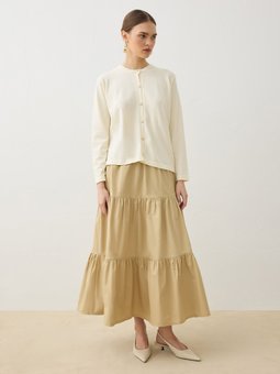 Beli Lastikli Kat Detaylı Poplin Basic Bej Etek