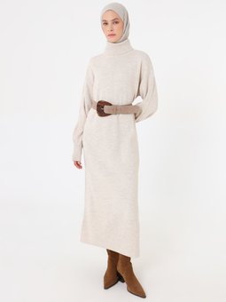 Boğazlı Yaka Triko Tas Rengi Elbise