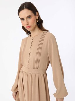 Düğme Detaylı Kuşaklı Aerobin Bej Elbise