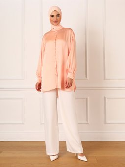 Düğmeli Geniş Kalıp Saten Somon Tunik