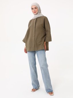 Keten Kumaş Rahat Kalıp Önü Patlı Bluz / Exclusive Gömlek Haki
