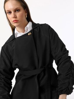 Kolları Büzgü Detaylı Kuşaklı Şık Exclusive Ceket Siyah