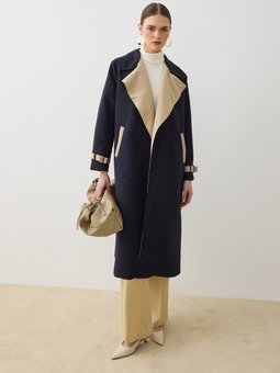 Kontras Renk Detaylı Şık Exclusive Trençkot Lacivert Bej