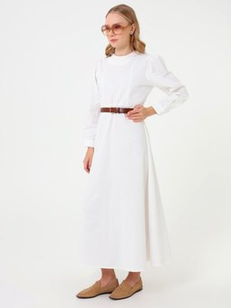 Kulp Detaylı Balon Kollu Beyaz Elbise