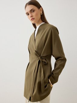 Kuşaklı Detaylı Yandan Bağlamalı Haki Ceket