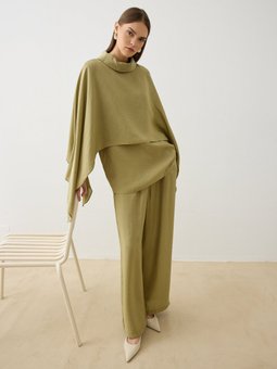 Modal Kumaşlı Asimetrik Kesim Tunik & Pantolon Exclusive Takım Yağ Yeşil
