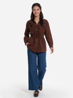 Modal Kumaşlı Parlak Bağlama Detaylı Bluz / Kahverengi Gömlek