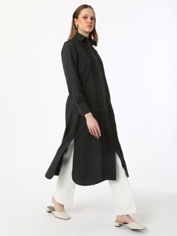 Nervür Ve Yırtmaç Detaylı Poplin Siyah Tunik