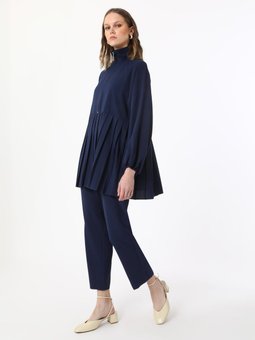 Pilise Detaylı Fermuarlı Tunik & Pantolon Exclusive Takım Lacivert