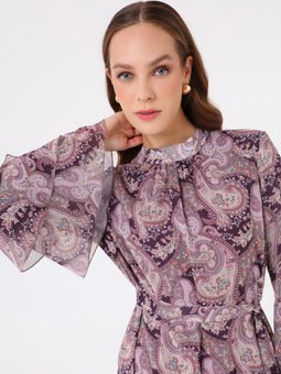 Şal Desenli Şifon Kumaşlı Pembe Elbise