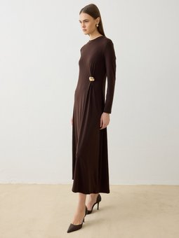 Sandy Kumaş Drape Detaylı Tokalı Acı Kahve Elbise