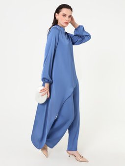 Saten Kumaşlı Asimetrik Kesim Tunik & Pantolon İkili Galaxy Mavi Takım