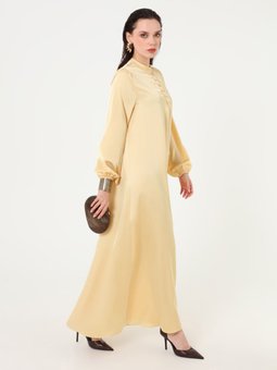 Saten Kumaşlı Brit Düğme Detaylı Limon Sarısı Elbise