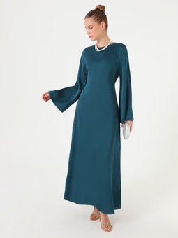 Saten Kumaşlı Kuşak Detaylı Petrol Elbise