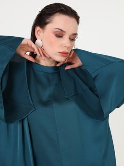 Saten Kumaşlı Püsküllü Şal Eklentili Yeşil Elbise