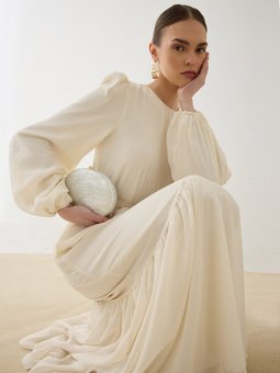 Şifon Kumaşlı Belden Bağlamalı Ekru Elbise