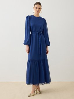 Şifon Kumaşlı Belden Bağlamalı Lacivert Elbise