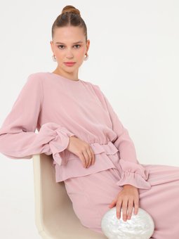Şifon Kumaşlı Beli Kat Detaylı Kirli Pembe Elbise