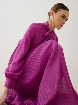 Şifon Kumaşlı Yakası Bağlama Detaylı Fuşya Elbise