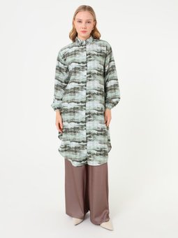 Soyut Desenli Balon Kollu Uzun Yesil Tunik