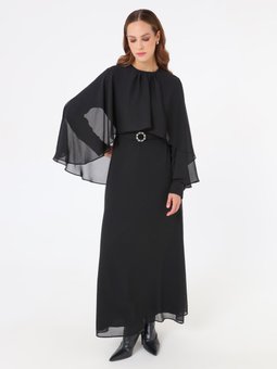 Taş Düğme Detaylı Pelerin Kollu Şifon Siyah Elbise