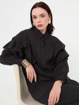Volan Detaylı Siyah Gömlek Yaka Tunik