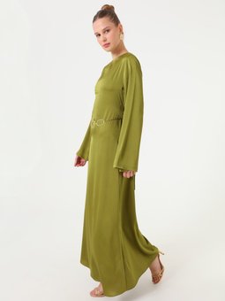 Yağ Yeşili Saten Kumaşlı Kuşak Detaylı Abiye Elbise