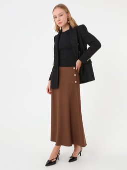 Yandan Düğme Detaylı Kloş Acı Kahve Etek