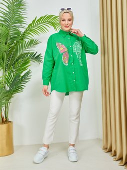 Kelebek Nakışlı Baskı Taş İşlemeli Yeşil Tunik