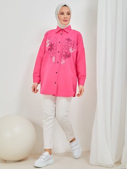Yapboz Kalp Baskılı Taş İşlemeli Fuşya Tunik