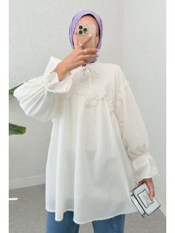 Brode Detaylı Krem Tunik