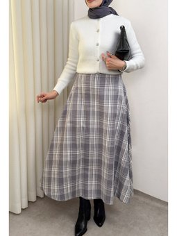 Ekose Desenli Gri Etek