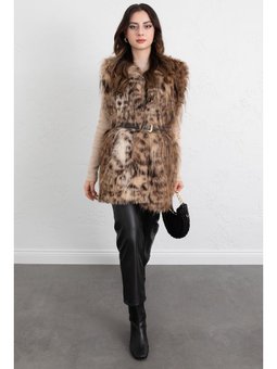 Leopar Desen Kemerli Kahverengi Yelek
