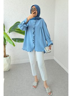 Nervürlü Fırfırlı Mavi Tunik