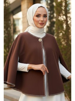 Tek Düğmeli Kaşe Kahverengi Panço